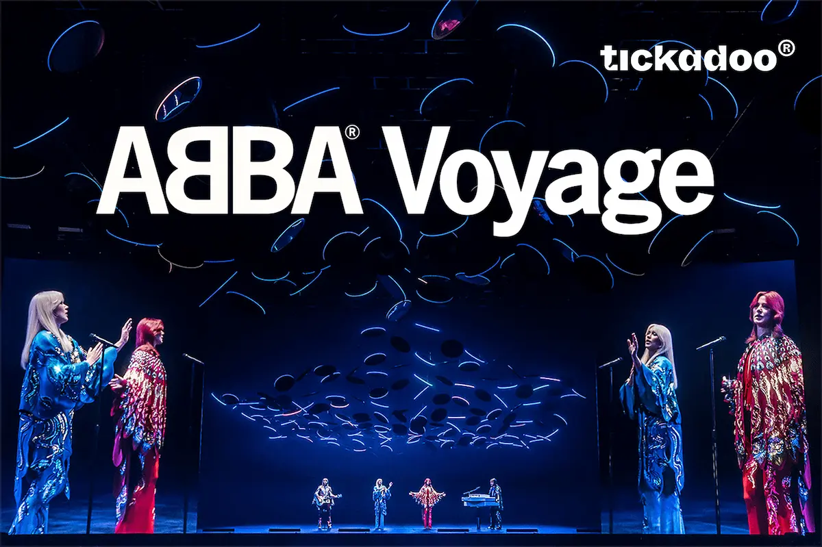Giftcard featuring ABBA Voyage concert with four ABBA avatars performing on stage, elaborate robes, dynamic light display, tickadoo logo in the top right corner.