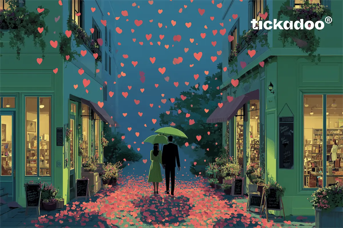 Giftcard featuring an anniversary themed romantic evening street scene with a couple walking under green umbrellas on path covered in red heart-shaped petals, tickadoo logo in the top right corner.