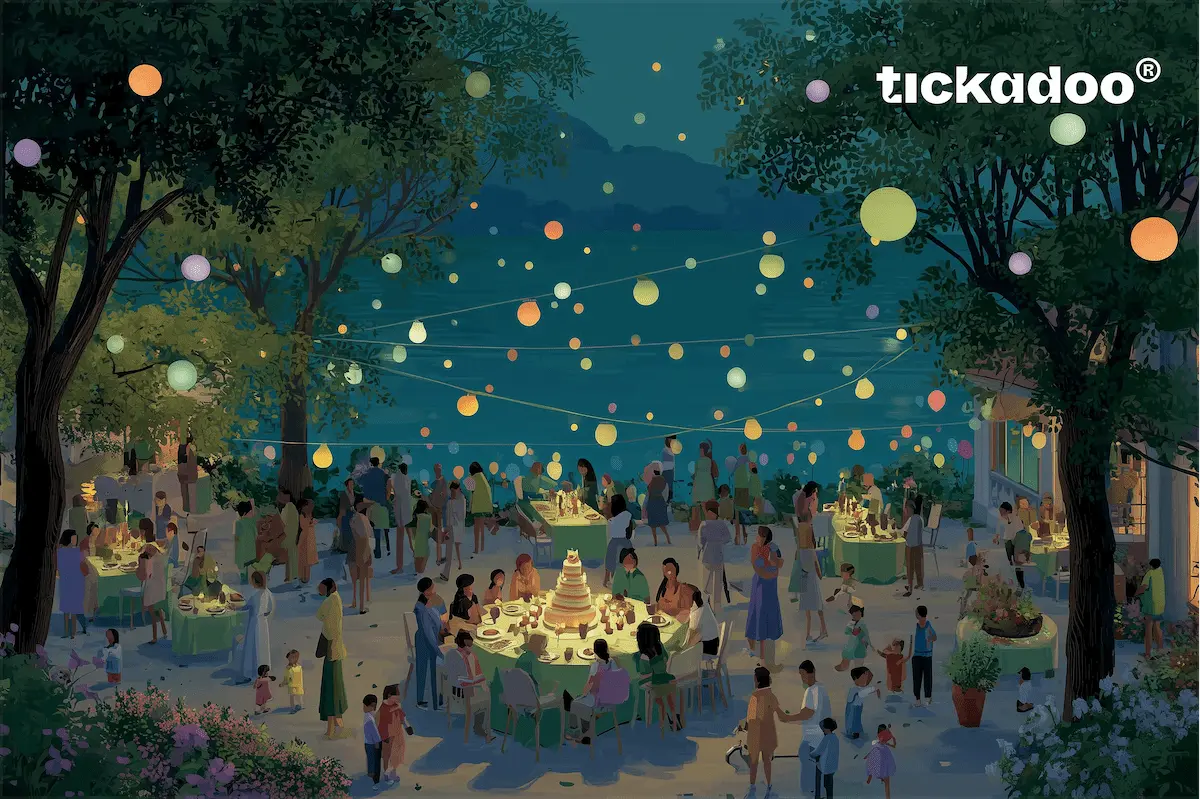 Giftcard featuring a birthday celebration scene with colorful string lights, people around tables, multi-tiered cake, and garden by water, tickadoo logo in the top right corner.