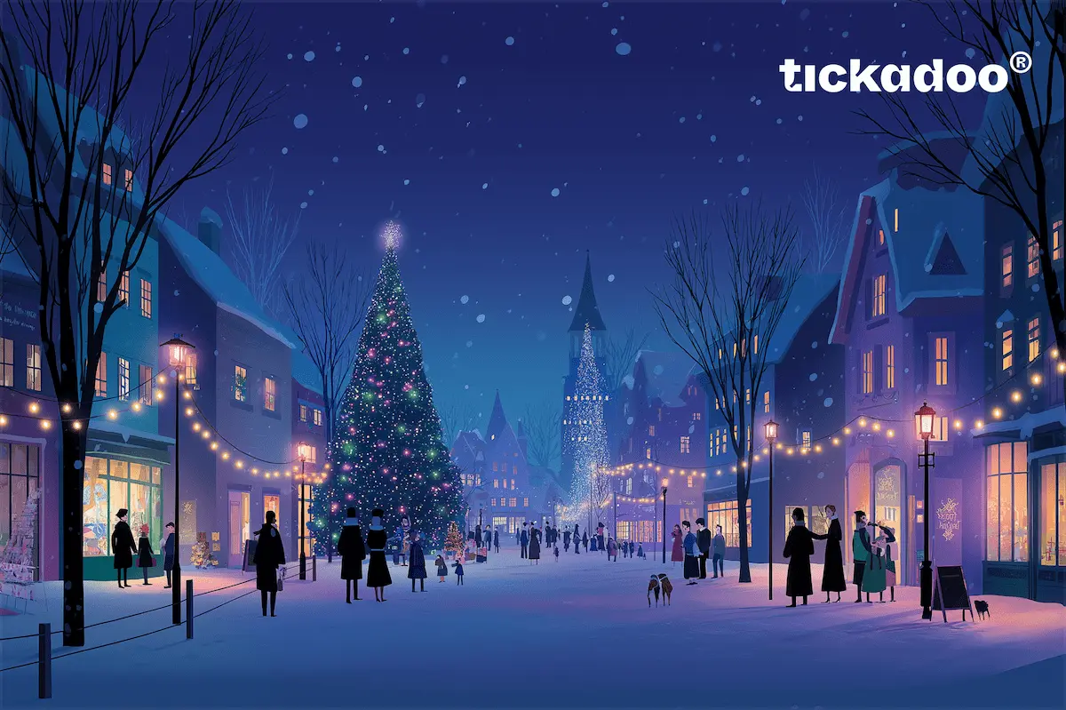 Giftcard featuring a Christmas themed winter evening scene in a snowy town square with decorated tree, people in winter coats, glowing buildings, tickadoo logo in the top right corner.