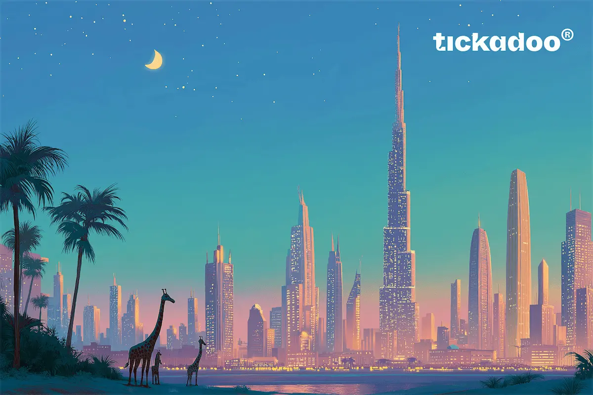 Giftcard featuring a stylized Dubai cityscape at dusk with crescent moon, stars, palm trees, two giraffes, and illuminated skyscrapers, tickadoo logo in the top right corner.