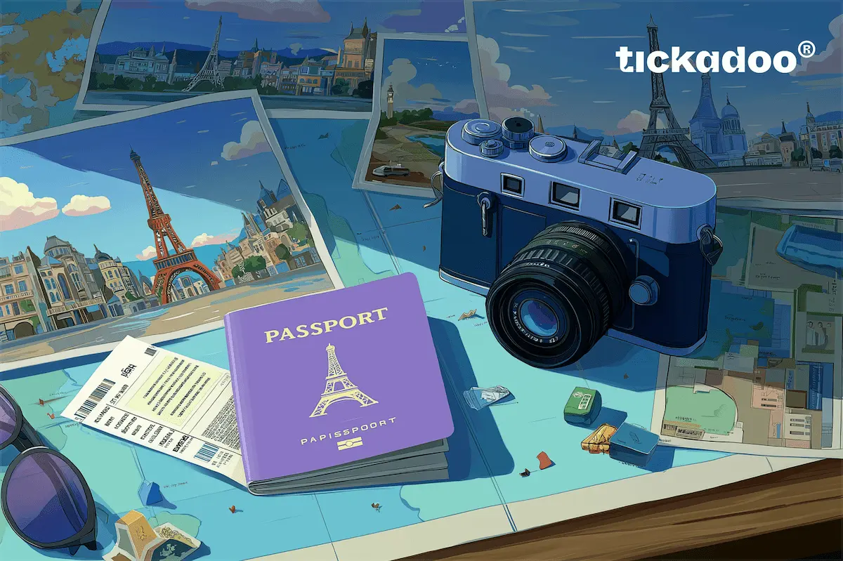 Giftcard featuring a travel-themed flat lay on a light blue map with purple passport, golden Eiffel Tower icon, flight ticket, sunglasses, and camera, tickadoo logo in the top right corner.
