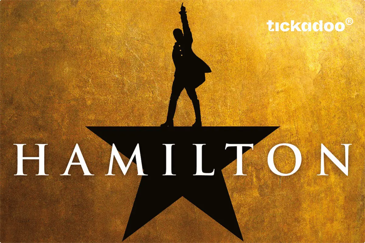 Giftcard featuring the iconic Hamilton musical poster with Alexander Hamilton silhouette on a black star against golden-brown background, tickadoo logo in the top right corner.