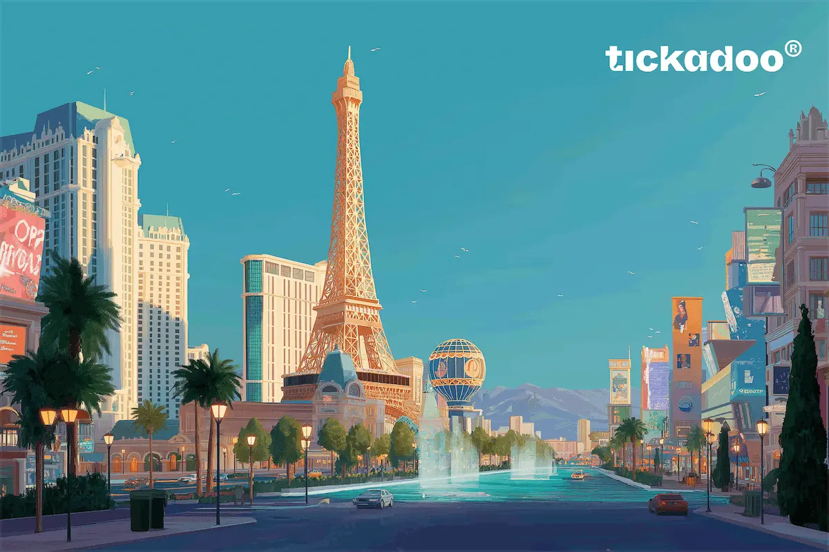 Giftcard featuring a stylized Las Vegas Strip illustration with golden Eiffel Tower replica, large fountain, tall buildings, palm trees, and colorful billboards, tickadoo logo in the top right corner.