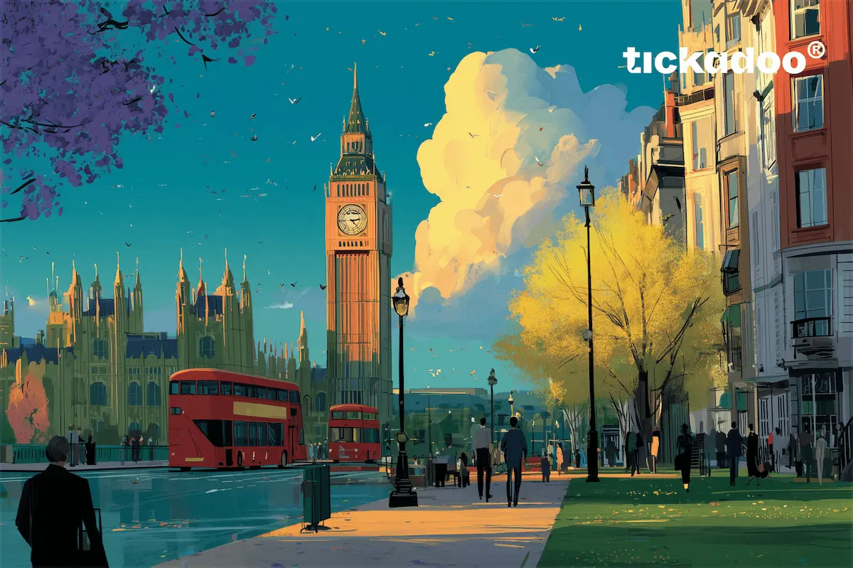 Giftcard featuring a vibrant London cityscape at sunset with Big Ben and Houses of Parliament, red double-decker bus, London townhouses, and teal sky, tickadoo logo in the top right corner.