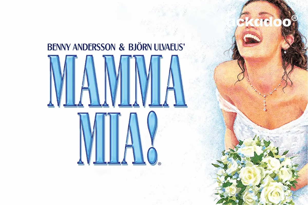 Giftcard featuring Mamma Mia! musical poster with joyful woman in white wedding dress holding flowers, blue 3D-effect title, tickadoo logo in the top right corner.