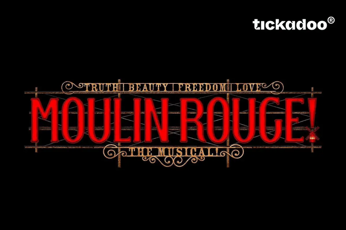 Giftcard featuring Moulin Rouge! The Musical logo with bold red and gold letters, red windmill in exclamation mark, decorative border, tickadoo logo in the top right corner.