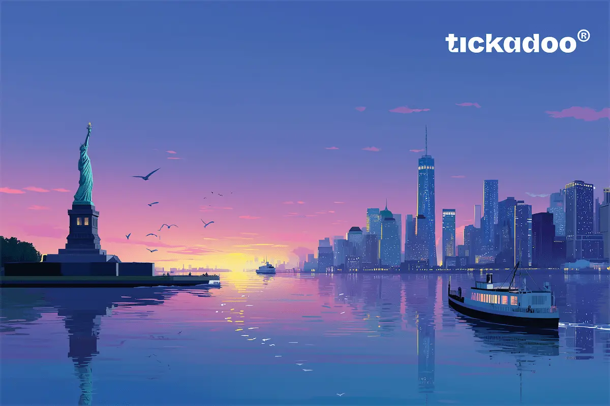 Giftcard featuring a stylized New York City skyline at sunset with Statue of Liberty on left, illuminated Manhattan skyscrapers including One World Trade Center, tickadoo logo in the top right corner.