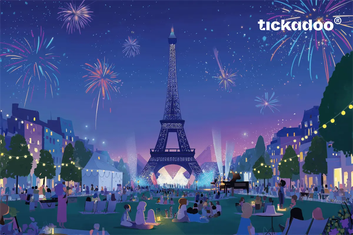 Giftcard featuring a Paris evening scene with the illuminated Eiffel Tower, colorful fireworks in the sky, and people gathered on a lawn, tickadoo logo in the top right corner.
