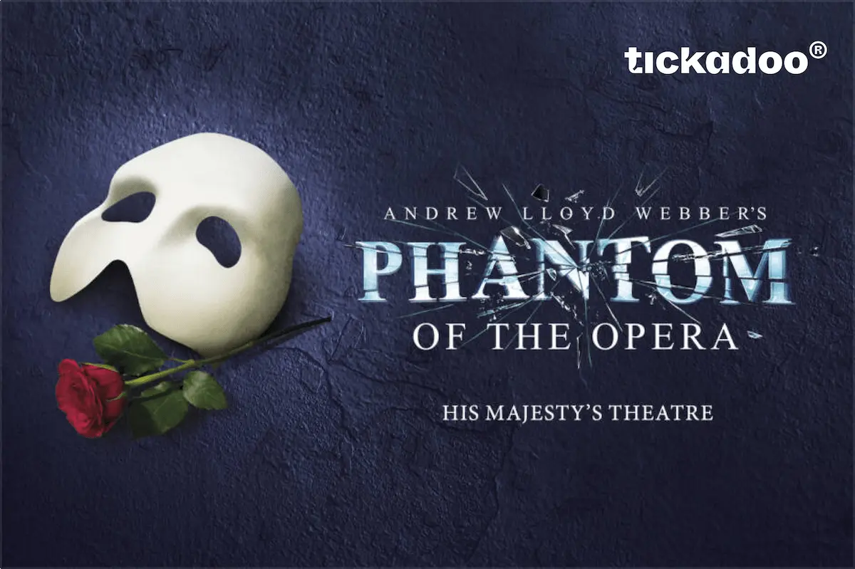 Giftcard featuring Phantom of the Opera mask, red rose, and shattered title on dark background, tickadoo logo in the top right corner.