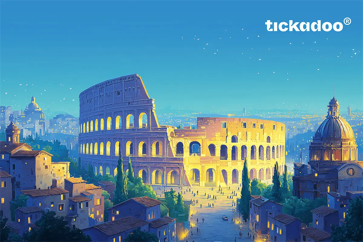 Giftcard featuring a stylized Roman Colosseum at dusk with illuminated arches, city buildings, and people, tickadoo logo in the top right corner.