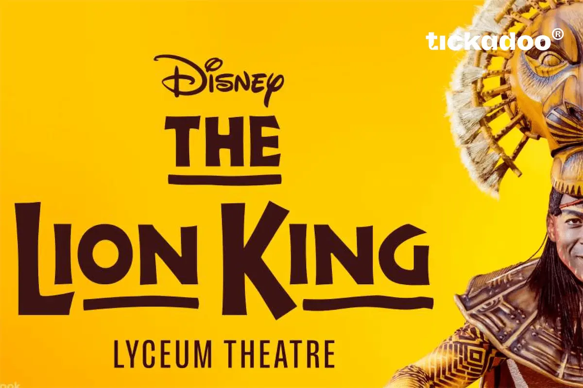 Giftcard featuring The Lion King musical poster with Simba silhouette and African savanna sunset, tickadoo logo in the top right corner.