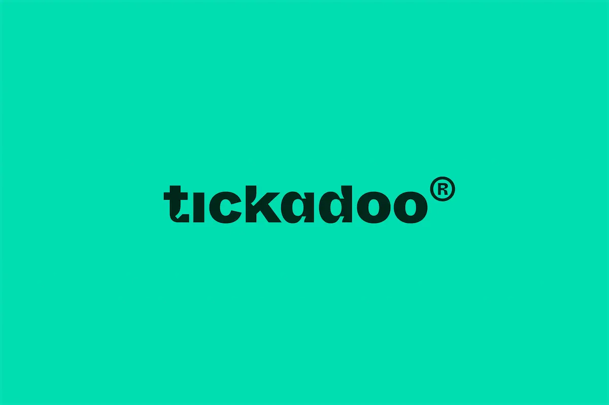 Giftcard featuring the tickadoo logo with registered trademark symbol on a vibrant teal background, tickadoo logo in the top right corner.