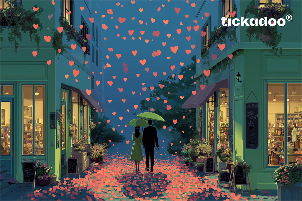 Couple under a canopy of floating hearts